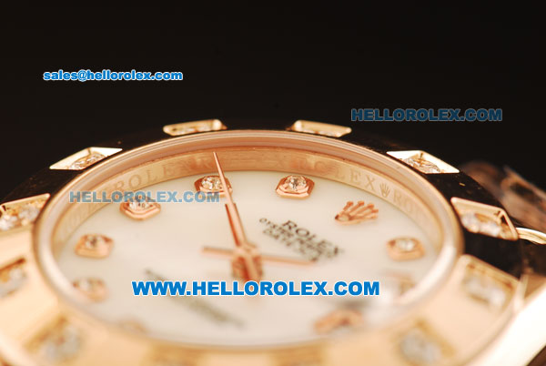 Rolex Datejust Swiss ETA 2836 Automatic Movement Full Rose Gold with White MOP Dial and Diamond Markers - Click Image to Close